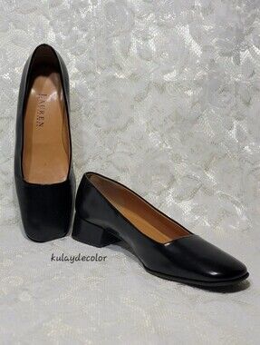 Ralph Lauren Classic Black Leather Pump Shoes Square Toe Block Heel Shoes 6.5 B